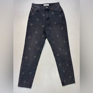 Topshop Alien Rhinestone All Over Logo Mom Denim Jeans Women Size 26 Black